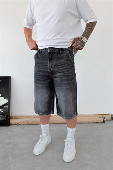Koyu Gri Skater Fit Yıkamalı Bermuda Kot Şort