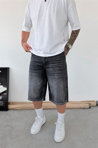 Koyu Gri Skater Fit Yıkamalı Bermuda Kot Şort