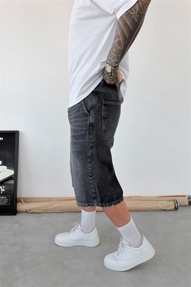 Koyu Gri Skater Fit Yıkamalı Bermuda Kot Şort