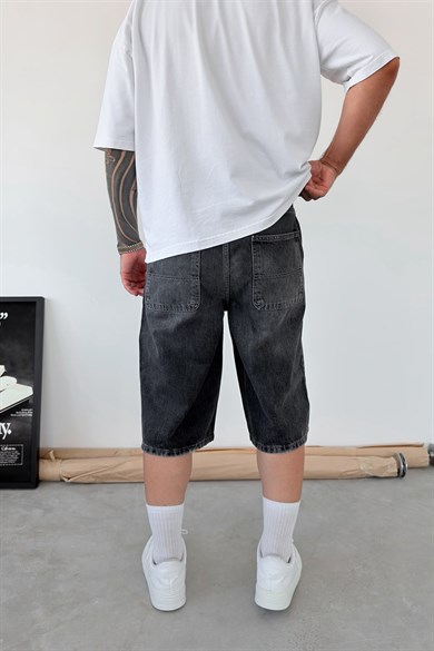 Koyu Gri Skater Fit Yıkamalı Bermuda Kot Şort