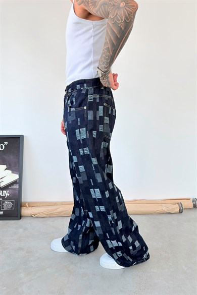 Koyu Mavi Rebel Plaid Süper Baggy Fit Pantolon
