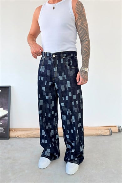 Koyu Mavi Rebel Plaid Süper Baggy Fit Pantolon