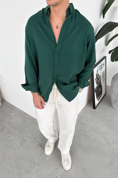 Koyu Yeşil Nakışlı Oversize Modal Gömlek