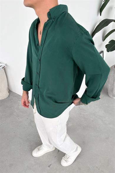 Koyu Yeşil Nakışlı Oversize Modal Gömlek