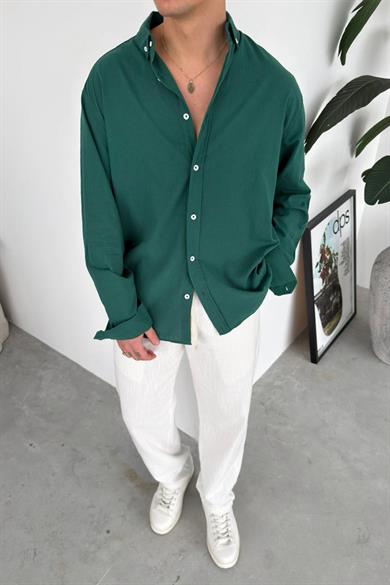 Koyu Yeşil Oversize Fresh Keten Gömlek
