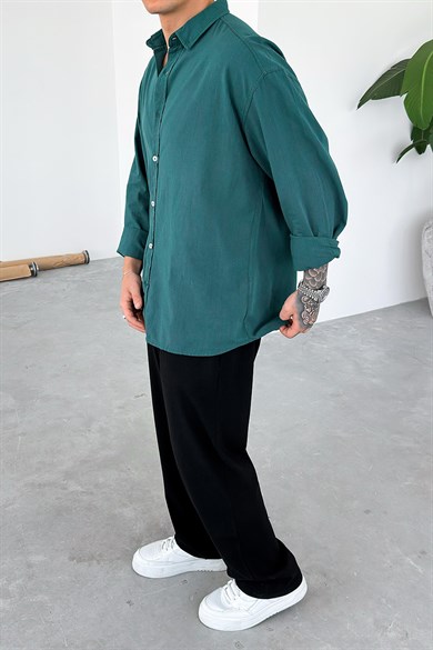 Koyu Yeşil Oversize Fresh Keten Gömlek