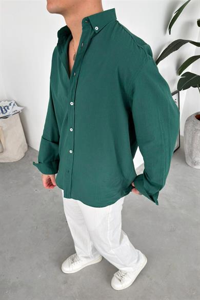 Koyu Yeşil Oversize Fresh Keten Gömlek