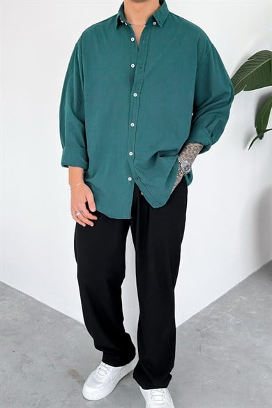 Koyu Yeşil Oversize Fresh Keten Gömlek