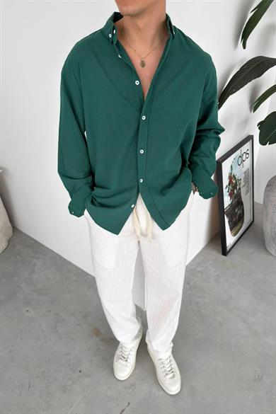 Koyu Yeşil Oversize Fresh Keten Gömlek