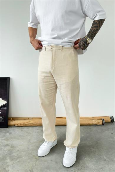 Krem Baggy Keten Pantolon