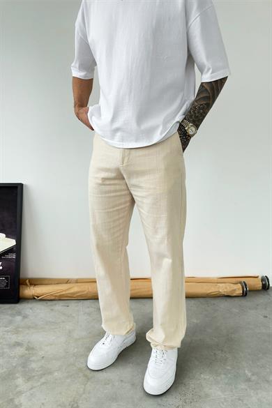 Krem Baggy Keten Pantolon