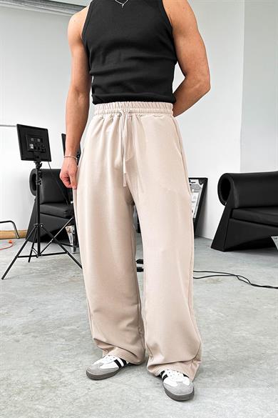 Krem Basic Beli Lastikli Baggy Kumaş Pantolon