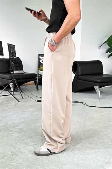 Krem Basic Beli Lastikli Baggy Kumaş Pantolon
