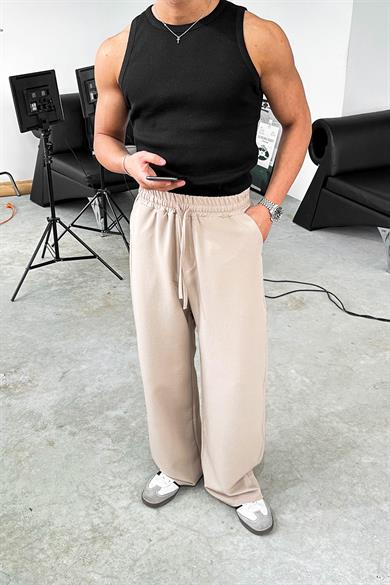 Krem Basic Beli Lastikli Baggy Kumaş Pantolon
