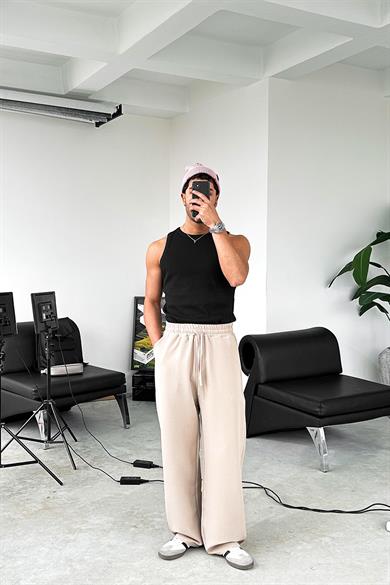 Krem Basic Beli Lastikli Baggy Kumaş Pantolon