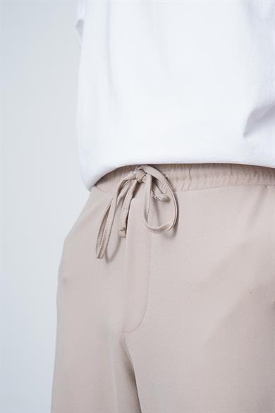 Krem Basic Beli Lastikli Kumaş EL Baggy Pantolon