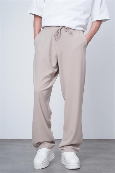 Krem Basic Beli Lastikli Kumaş EL Baggy Pantolon