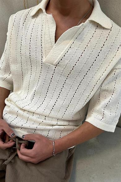 Krem Basic Örme Triko GO Polo Yaka Oversize Tişört