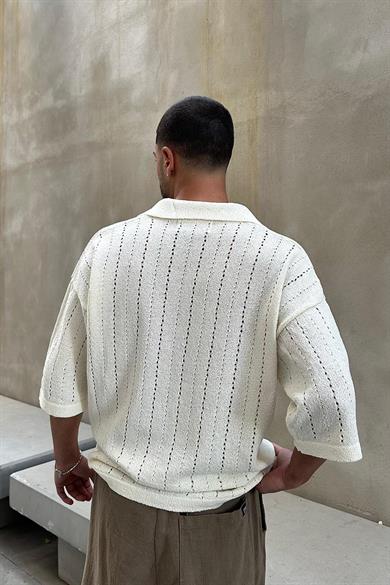 Krem Basic Örme Triko GO Polo Yaka Oversize Tişört