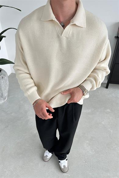 Krem Basic Polo Yaka Triko Kazak