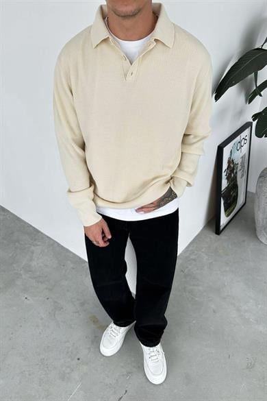 Krem Basic Polo Yaka Triko Kazak