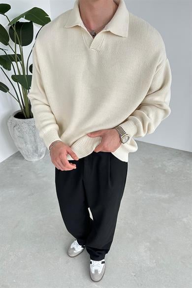 Krem Basic Polo Yaka Triko Kazak