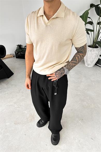 Krem Basic Polo Yaka Triko Relaxed Tişört