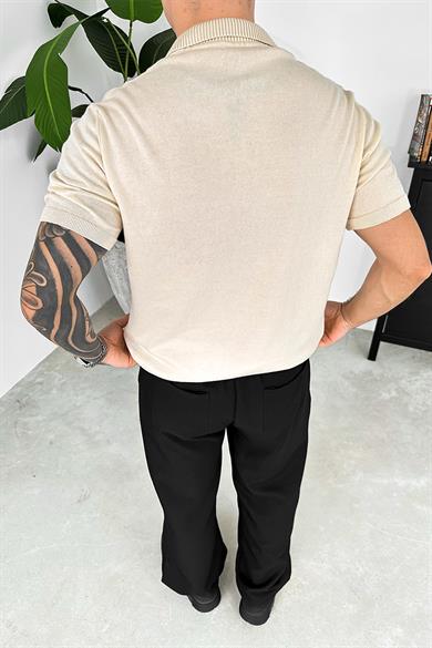 Krem Basic Polo Yaka Triko Relaxed Tişört