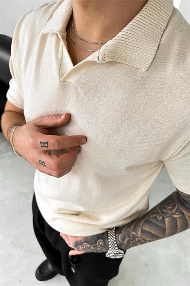 Krem Basic Polo Yaka Triko Relaxed Tişört