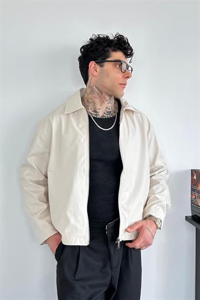 Krem Basic Relaxed Deri Ceket