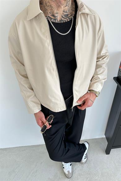 Krem Basic Relaxed Deri Ceket