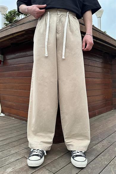 Krem Beli İp Detaylı 004 CH Ekstra Bol Baggy Pantolon