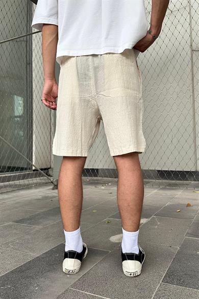 Krem Beli İp Detaylı Dokulu Keten GO Relaxed Fit Şort