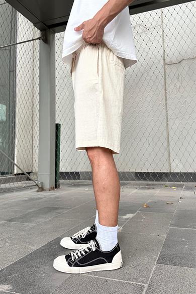 Krem Beli İp Detaylı Dokulu Keten GO Relaxed Fit Şort