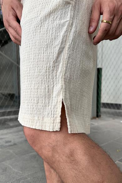 Krem Beli İp Detaylı Dokulu Keten GO Relaxed Fit Şort