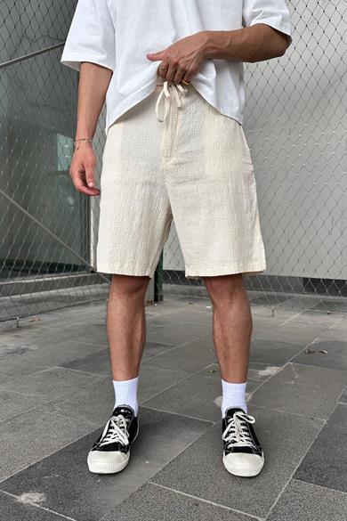 Krem Beli İp Detaylı Dokulu Keten GO Relaxed Fit Şort