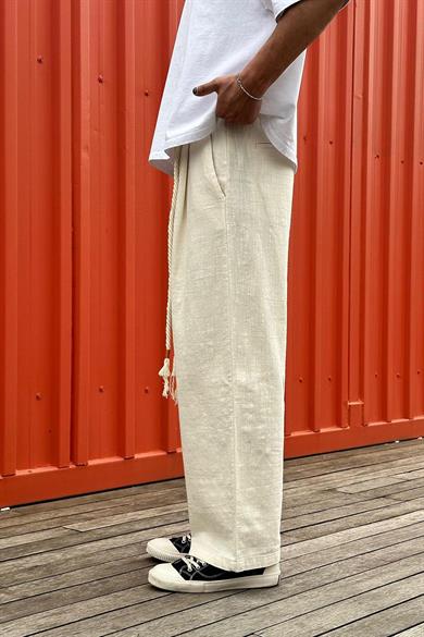 Krem Beli İp Detaylı GO Keten Relaxed Pantolon