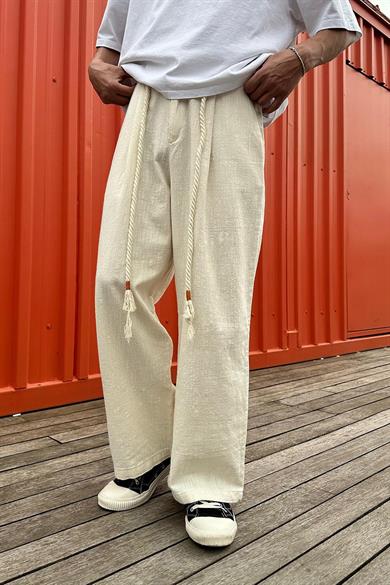 Krem Beli İp Detaylı GO Keten Relaxed Pantolon