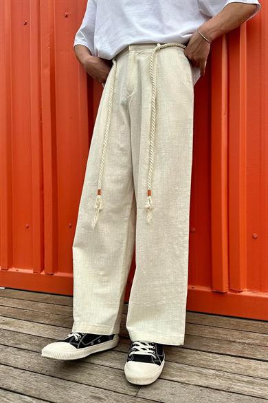 Krem Beli İp Detaylı GO Keten Relaxed Pantolon