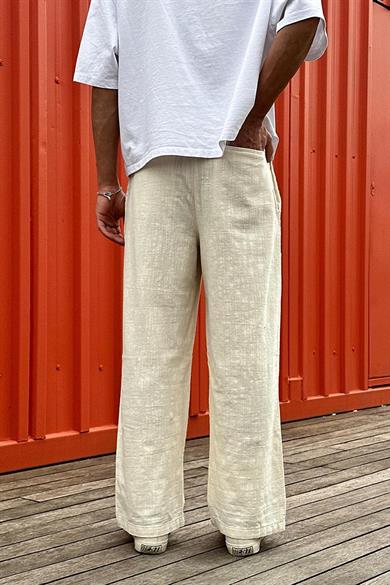 Krem Beli İp Detaylı GO Keten Relaxed Pantolon