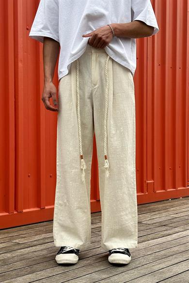 Krem Beli İp Detaylı GO Keten Relaxed Pantolon