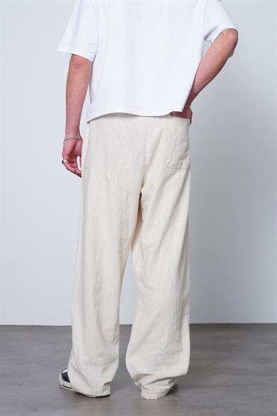 Krem Beli İp Detaylı Keten 005 EE Relaxed Pantolon