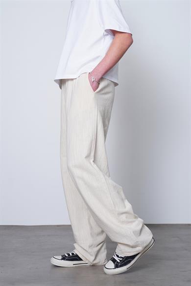 Krem Beli İp Detaylı Keten 005 EE Relaxed Pantolon