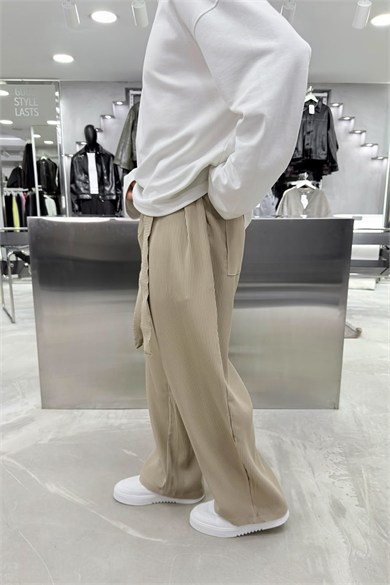 Krem Beli Kuşaklı Fitilli Süper Baggy Pantolon