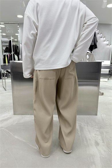 Krem Beli Kuşaklı Fitilli Süper Baggy Pantolon