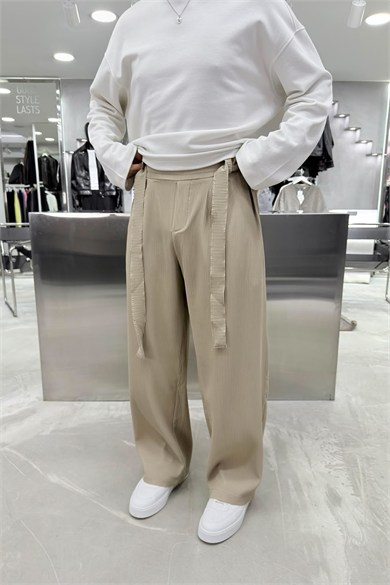 Krem Beli Kuşaklı Fitilli Süper Baggy Pantolon