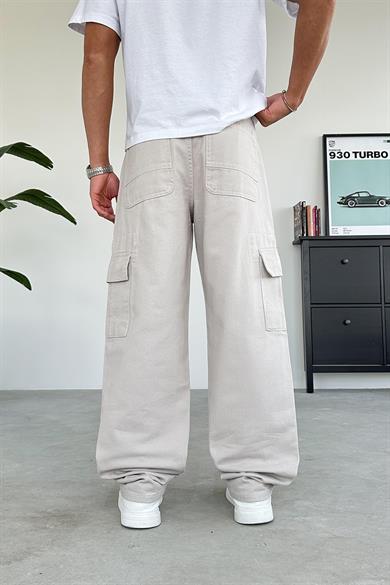 Krem Beyaz Dikiş Kargo Baggy Pantolon