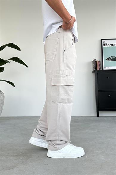 Krem Beyaz Dikiş Kargo Baggy Pantolon