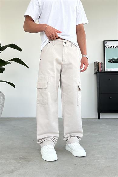 Krem Beyaz Dikiş Kargo Baggy Pantolon