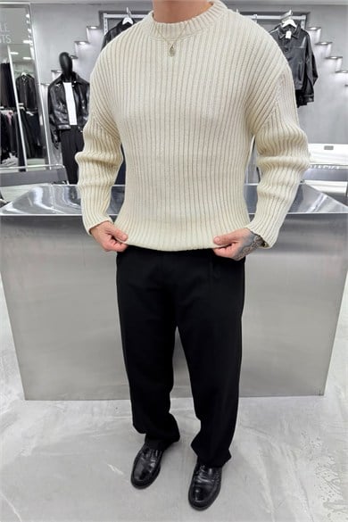 Krem Bisiklet Yaka Fitilli Oversize Triko Kazak
